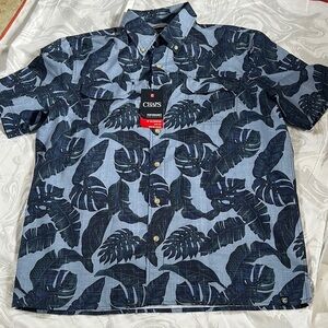 Chaps Blue Casual Button Down Shirt with Tropical Leaf Pattern